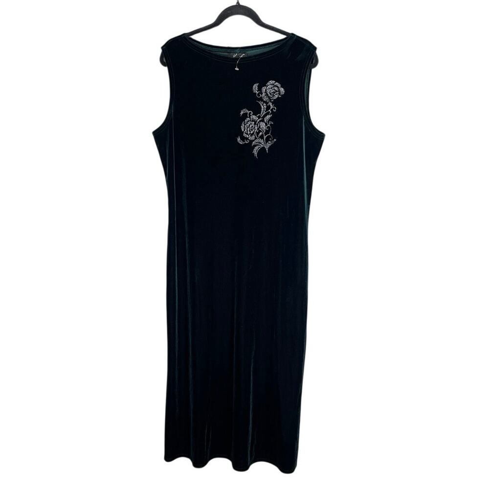 Dark Emerald Green Velvet Floral Embroidered Maxi Dress 90s Whimsygoth